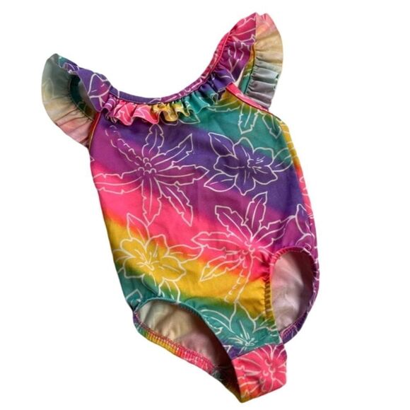 Vintage Peak 90s Neon Rainbow Ruffle One Piece Swim Suit - Picture 1 of 4